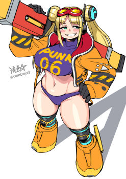1girl bikini bikini_bottom_only black_gloves boots breasts commentary crop_top double_bun from_above gloves goggles goggles_on_head grin hair_bun headset highres holding holding_weapon jacket large_breasts midriff navel one_piece orange_boots orange_jacket ryuusei_(mark_ii) signature smile solo swimsuit turtleneck twintails twitter_username vegapunk_york weapon