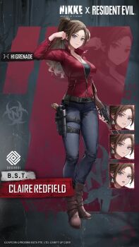1girl animated audible_speech belt black_belt black_pants black_shirt blue_eyes bouncing_breasts breasts brown_hair claire_redfield collared_jacket crossover english_audio forehead full_body goddess_of_victory:_nikke highres holster jacket jewelry large_breasts long_hair long_sleeves necklace official_art pants parted_bangs ponytail red_jacket resident_evil shirt solo sound standing tagme thigh_holster video wide_hips