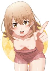 Rule 34 | 1girl, absurdres, arm behind back, bare shoulders, blonde hair, blush, breasts, breasts apart, collarbone, cowboy shot, downblouse, dress, highres, isshiki iroha, jksfs, leaning forward, looking at viewer, medium hair, open mouth, pink dress, pointing, pointing at viewer, reaching, reaching towards viewer, short dress, sleeveless, sleeveless dress, small breasts, solo, strapless, strapless dress, v-shaped eyebrows, yahari ore no seishun lovecome wa machigatteiru., yellow eyes