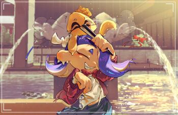 +++ 2girls ^_^ arm_up asymmetrical_bangs blue_hair blurry blurry_background blush bow bowtie building closed_eyes commentary_request day earrings eyelashes fangs folded_fan folding_fan fountain frye_(splatoon) grin hachimaki hair_over_one_eye hand_fan headband highres holding holding_fan inkling inkling_(swim_form) inkling_player_character jacket jewelry light_particles long_sleeves medium_hair multiple_earrings multiple_girls nejiri_hachimaki nintendo octoling on_head one_eye_covered open_clothes open_jacket outdoors parted_bangs railing red_bow red_bowtie red_jacket shirt shiver_(splatoon) short_eyebrows smile smoke splatoon_(series) splatoon_3 squid take_yanzhu tentacle_hair viewfinder water white_shirt