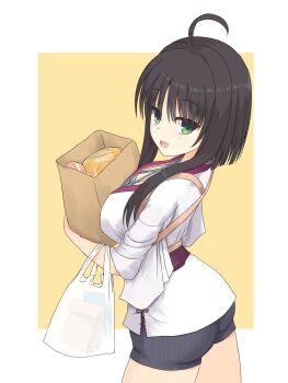 1girl :d absurdres ahoge ass bag black_hair black_shorts breasts cleavage commentary_request cowboy_shot criss-cross_halter eyes_visible_through_hair from_behind green_eyes green_shirt hair_between_eyes hair_over_shoulder halterneck hand_up highres hitachi_mako holding holding_bag japanese_clothes kimono large_breasts long_sleeves looking_at_viewer looking_back open_mouth paper_bag senren_banka shirayamakoma shirt shopping_bag short_hair_with_long_locks shorts simple_background sleeves_rolled_up smile solo straight_hair striped_clothes striped_shorts two-tone_background vertical-striped_clothes vertical-striped_shorts white_background white_kimono wide_sleeves yellow_background