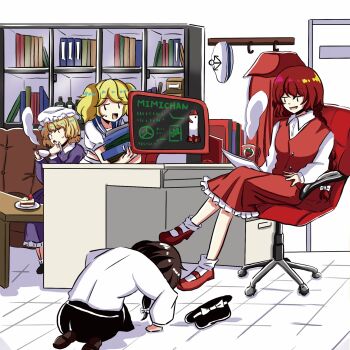 4girls anchor_symbol apologizing begging black_hat blonde_hair blue_sailor_collar bow braid brown_hair cake cape chair clothes_hanger computer computer_mouse cup desk dogeza dress fedora food fruit ghostly_field_club hair_bow hanging hat hat_bow hat_ribbon highres kitashirakawa_chiyuri kuronon long_braid long_hair long_sleeves maribel_hearn mary_janes mimi-chan missile mob_cap monitor mug multiple_girls office_chair okazaki_yumemi on_chair open_mouth purple_dress red_eyes red_hair red_shoes red_vest ribbon sailor sailor_collar sailor_hat sailor_shirt shirt shoes short_hair short_sleeves skirt smile strawberry strawberry_cake swivel_chair touhou touhou_(pc-98) twintails unworn_cape unworn_hat unworn_headwear usami_renko vest white_bow white_shirt