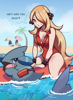 Rule 34 | 1girl, 2boys, absurdres, beach, blonde hair, blue eyes, breasts, cleavage, cynthia (pokemon), day, garchomp, gen 4 pokemon, gible, highres, large breasts, lifeguard, long hair, looking at another, looking at viewer, medium breasts, multiple boys, n (pokemon), nintendo, one-piece swimsuit, pokemon, pokemon (creature), pokemon bw, pokemon dppt, pokemon oras, red one-piece swimsuit, shiny skin, steven stone, surfboard, swimsuit, touyarokii, twitter username, water, whistle, wide hips