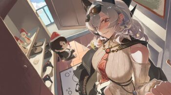 1girl absurdres ahoge black_hair black_horns black_jacket breasts character_doll clothing_cutout curled_horns doll grey_hair hair_between_eyes hashtag-only_commentary highres horns indoors jacket jacket_on_shoulders jewelry large_breasts liudaohai6001 long_hair looking_at_viewer male_rover_(wuthering_waves) necktie parted_lips red_eyes red_necktie rover_(wuthering_waves) shoulder_cutout smile stuffed_toy sunglasses wuthering_waves yellow_eyes zani_(downtown_repose)_(wuthering_waves) zani_(wuthering_waves)