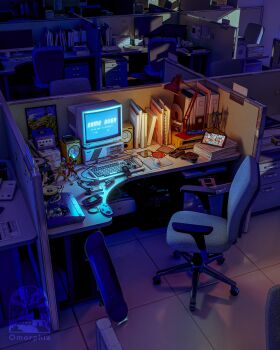 absurdres chair commentary computer computer_mouse cubicle dark desk desk_lamp english_commentary eva_01 game_over highres indoors lamp mousepad_(object) neon_genesis_evangelion no_humans office omorphia skateboard speaker stapler swivel_chair tile_floor tiles