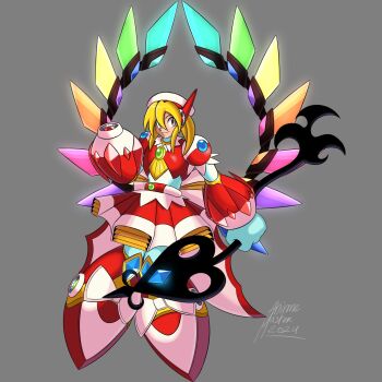 1girl android animemaster arm_cannon armor ascot back_bow blonde_hair bow chest_jewel closed_mouth crystal crystal_wings flandre_scarlet full_body gloves hat helmet highres holding holding_polearm holding_weapon jewelry laevatein_(touhou) looking_at_viewer mega_man_(series) mega_man_x_(series) mob_cap official_style pink_bow polearm puffy_short_sleeves puffy_sleeves red_armor red_eyes robot robot_ears robot_girl short_hair short_sleeves side_ponytail skirt smile solo touhou vest weapon white_gloves white_helmet wings