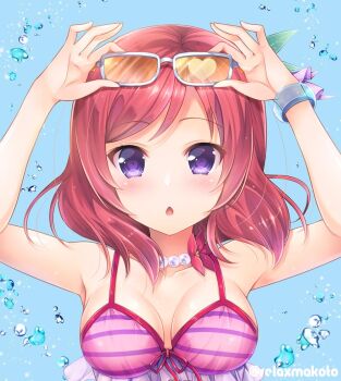 1girl adjusting_eyewear arms_up bangle bikini blue_background bracelet breasts chestnut_mouth cleavage collarbone eyewear_on_head female_focus frilled_bikini frills front-tie_bikini_top front-tie_top jewelry looking_at_viewer love_live! love_live!_school_idol_project medium_breasts medium_hair natsuiro_egao_de_1_2_jump! necklace nishikino_maki orange-tinted_eyewear pearl_necklace pink_bikini purple_eyes red_hair sakurai_makoto_(custom_size) solo striped_bikini striped_clothes sunglasses swimsuit tinted_eyewear twitter_username upper_body water_drop