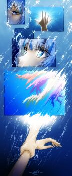 1girl absurdres blue_eyes blue_hair gawr_gura grey_hair highres holding_another&#039;s_wrist hololive hololive_english multicolored_hair nail_polish nasterro reaching reaching_towards_another solo_focus streaked_hair underwater virtual_youtuber