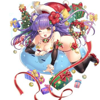 1girl arne_q_klose bikini black_sleeves black_thighhighs blunt_bangs box christmas_tree detached_sleeves double_bun flower gift gift_box hair_bun hair_flower hair_ornament hat high_heels long_hair lying lying_on_another on_stomach purple_hair red_flower red_shoes santa_bikini santa_costume santa_hat shoes slime_(creature) swimsuit thighhighs uchi_no_hime-sama_ga_ichiban_kawaii yellow_eyes