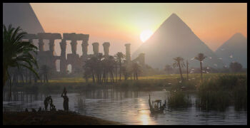4others ancient_egyptian assassin's_creed:_origins assassin's_creed_(series) boat commentary dawn english_commentary flock highres multiple_others orange_sky outdoors painterly palm_leaf palm_tree pyramid_(structure) raphael-lacoste reeds reflection reflective_liquid river scenery shore signature sky sun sunlight tree water watercraft yellow_sky
