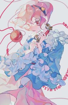 1girl black_hairband blue_shirt commentary_request expressionless frilled_shirt frills hairband hands_up heart heart_of_string highres holding holding_phone komeiji_satori looking_at_object parted_lips phone pink_eyes pink_hair pink_skirt shinjitsu_no_kuchi shirt short_hair simple_background skirt solo third_eye touhou white_background