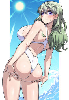 1girl ass back blush border breasts embarrassed green_hair highleg highleg_one-piece_swimsuit highres large_breasts long_hair looking_at_viewer maki_yoshitake ocean one-piece_swimsuit original purple_eyes solo sweatdrop swimsuit water white_border white_one-piece_swimsuit