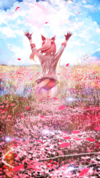 Rule 34 | 1girl, \o/, absurdres, advarcher, animal ears, arms up, blue sky, buruma, cloud, commentary, ear covers, field, fingerless gloves, flower, flower field, from behind, gloves, hairband, haru urara (bestest prize) (umamusume), haru urara (umamusume), headband, highres, horse ears, horse girl, horse tail, jacket, long hair, outdoors, outstretched arms, petals, pink buruma, pink hair, pink headband, ponytail, red buruma, red gloves, red headband, shirt, sky, solo, tail, umamusume, white jacket, white shirt