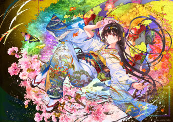 1girl animal arm_up blue_kimono blush branch brown_eyes brown_hair brown_sandals bug butterfly closed_mouth commentary_request floating_hair floral_print flower full_body geta ginkgo_leaf hanekoto insect japanese_clothes kimono leaf long_hair long_sleeves new_year obi original pink_flower print_kimono red_eyes sandals sash smile socks solo tabi twitter_username very_long_hair watermark white_socks wide_sleeves zouri