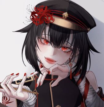 1boy androgynous bandaged_arm bandages black_hair black_jacket chin_rest chinese_commentary commentary_request double-parted_bangs earrings fangs flower hair_flaps hat hat_flower head_on_head head_rest head_tilt highres holding indie_virtual_youtuber jacket jewelry looking_at_viewer male_focus nail_polish parted_lips peaked_cap portrait red_eyes red_flower red_nails red_ribbon ribbon ring shinoshima_raise short_hair shoulder_boards shoulder_tattoo simple_background single_bare_shoulder single_earring smile solo spider_lily tassel tassel_earrings tattoo virtual_youtuber white_background wrist_ribbon yaesakura908