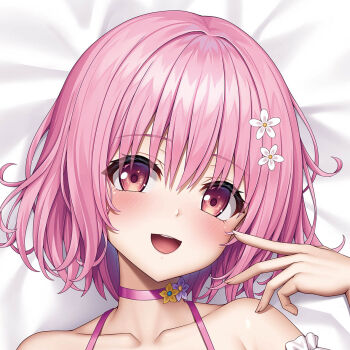 1girl :d bare_shoulders bed_sheet blush choker collarbone commentary_request dakimakura_(medium) eyelashes eyes_visible_through_hair flower flower_choker hair_between_eyes hair_flower hair_ornament hand_up happy lambda_(kusowarota) medium_hair momo_velia_deviluke open_mouth pink_choker pink_hair portrait red_eyes second-party_source smile solo tareme teeth to_love-ru upper_teeth_only white_flower