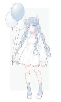 1girl absurdres animal_ears arm_at_side balloon blush closed_mouth collarbone commentary dress eyelashes grey_socks highres holding holding_string knees long_hair long_sleeves looking_at_viewer original shoes silver_hair sleeves_past_wrists socks solo string symbol-only_commentary ting_(tingiiio) white_dress white_shoes