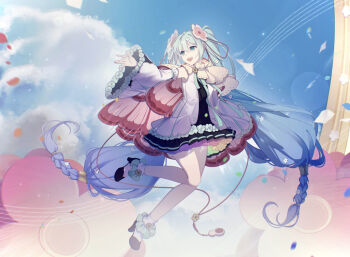 1girl :d absurdres aqua_eyes aqua_hair blue_hair blue_sky braid cape cloud detached_sleeves dress flower flower_underskirt gradient_hair hair_between_eyes hair_flower hair_ornament hatsune_miku highres kanvien long_hair long_sleeves magical_mirai_(vocaloid) magical_mirai_miku magical_mirai_miku_(2021) multicolored_hair open_mouth shoes sky smile solo teeth tongue twintails upper_teeth_only very_long_hair vocaloid white_dress white_flower white_shoes white_sleeves