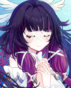 1girl black_hair blush closed_eyes closed_mouth columbina_(genshin_impact) commentary_request dress feathered_wings genshin_impact hair_ribbon hands_on_own_chest head_wings long_hair long_sidelocks multicolored_hair multiple_wings pink_hair ribbon saihana sidelocks smile solo very_long_hair white_dress white_mask white_ribbon white_wings wings