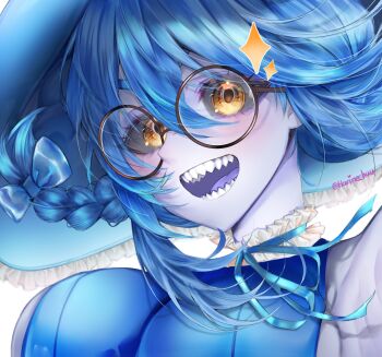 1girl absurdres blue_hair blue_hat blue_leotard blush braid braided_twintails breasts collar colored_sclera colored_skin frilled_collar frills glasses grey_sclera grey_skin hair_between_eyes harinechuu hat highres large_breasts leotard looking_at_viewer round_eyewear sharp_teeth socks_agency sparkle teeth twin_braids virtual_youtuber yellow_eyes yomi_quinnley