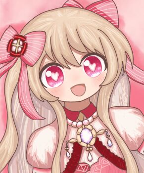 1girl :d artist_request blonde_hair chaos_marie_(grimms_notes) cleavage_cutout clothing_cutout grimms_notes long_hair open_mouth pink_eyes puffy_short_sleeves puffy_sleeves short_sleeves smile solo source_request upper_body