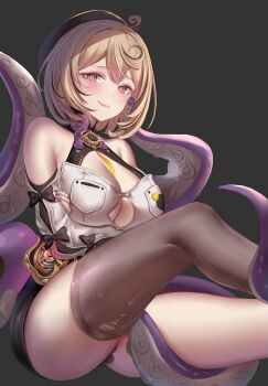 1girl bare_shoulders beret black_hat black_shorts blonde_hair blush breasts brown_thighhighs detached_sleeves hat high-waist_shorts highres large_breasts looking_at_viewer purple_eyes seedkeng shirt short_hair shorts single_thighhigh sleeveless sleeveless_shirt smile solo tentacle_tail thighhighs thighs white_shirt yidhari_murphy zenless_zone_zero