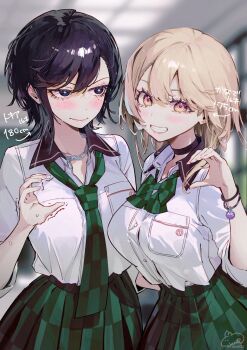 2girls black_eyes black_hair blonde_hair bowtie breasts earrings green_bow green_bowtie green_necktie heart heart_hands jewelry large_breasts multiple_girls necktie original shirt short_hair smile syuri22 white_shirt yellow_eyes