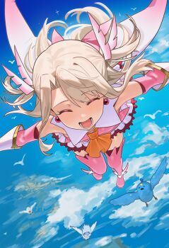 Rule 34 | 1girl, absurdres, ascot, bare shoulders, bird, blue sky, blush, boots, breasts, cape, closed eyes, cloud, dress, earrings, ebora, elbow gloves, fate/kaleid liner prisma illya, fate (series), feather hair ornament, feathers, flying, gloves, hair ornament, highres, illyasviel von einzbern, jewelry, layered gloves, long hair, open mouth, pink boots, pink dress, pink gloves, prisma illya, sidelocks, skirt, sky, small breasts, smile, sphere earrings, thigh boots, two side up, white cape, white gloves, white hair, white skirt
