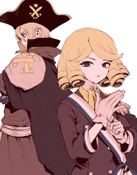 1boy 1other adjusting_clothes adjusting_gloves armor ascot back-to-back black_cape black_coat blonde_hair blue_eyes buttons cape closed_mouth coat crossed_arms dr._stone drill_hair epaulettes francois_(dr._stone) gloves hat high_collar long_sleeves looking_at_viewer nanami_ryuusui ninomae_gin parted_lips pauldrons pirate_hat sash serious short_hair shoulder_armor simple_background sword weapon white_background white_gloves white_sash