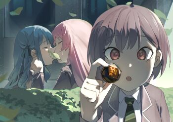3girls absurdres arknights bang_dream! bang_dream!_it&#039;s_mygo!!!!! blue_hair brown_hair chihaya_anon collared_shirt green_necktie grey_jacket hair_ribbon haneoka_school_uniform highres jacket kiss leaf long_hair long_sleeves multiple_girls necktie open_mouth originite_prime_(arknights) pink_hair ribbon rock school_uniform shiny_eyes shirt short_hair striped_necktie takamatsu_tomori togawa_sakiko twintails yuri zs_(pixiv_112074548)