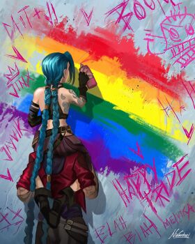 2girls absurdres arcane_jinx arcane_vi belt blue_eyes blue_nails fingerless_gloves from_behind gloves highres holding jacket jinx_(league_of_legends) league_of_legends lgbt_pride long_hair looking_back multiple_girls nikola_(nikkotari) rainbow_flag red_jacket siblings sisters spray_can spray_paint tattoo vi_(league_of_legends)