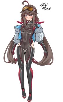 1girl ahoge bodysuit borrowed_character breasts brown_hair character_request clothing_cutout commentary_request full_body goggles goggles_on_head hip_vent jacket long_hair long_sleeves multicolored_hair neko_mantis open_clothes open_jacket original padded_jacket purple_eyes red_hair ski_goggles small_breasts solo twintails two-sided_fabric two-sided_jacket two-tone_hair