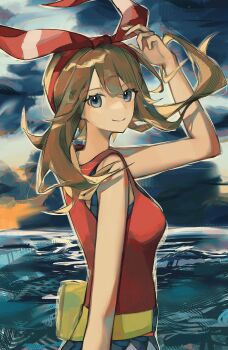 1girl absurdres asatte_3z bare_shoulders blue_eyes bow brown_hair cloud eyelashes fanny_pack hairband highres looking_at_viewer may_(pokemon) medium_hair nintendo ocean outdoors painterly pokemon pokemon_oras red_bow red_hairband red_shirt scenery shirt shorts sky sleeveless smile solo upper_body waist_bag water wind
