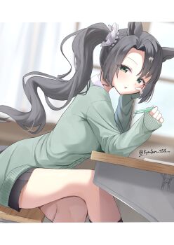 1girl animal_ears black_hair black_shorts blush breasts cardigan chair commentary_request curtains desk green_cardigan green_eyes hair_between_eyes hair_ornament hair_scrunchie head_rest highres holding holding_pen horse_ears horse_girl long_hair long_sleeves looking_at_viewer lryutanl multicolored_hair parted_lips pen satono_crown_(umamusume) school_chair school_desk scrunchie shorts side_ponytail sitting solo streaked_hair umamusume white_hair window
