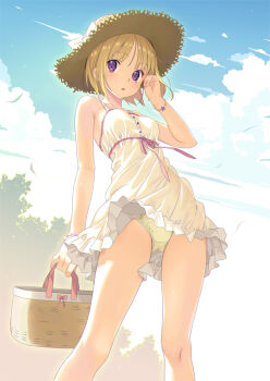 1girl bag bare_shoulders blonde_hair blue_sky blush bracelet cloud cloudy_sky day dress from_below handbag hat jewelry koutaro looking_at_viewer open_mouth original outdoors panties pantyshot purple_eyes short_hair sky sleeveless sleeveless_dress solo standing straw_hat sun_hat sundress underwear upskirt white_dress wind wind_lift yellow_panties
