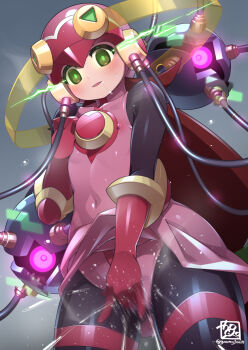 1girl black_bodysuit bodysuit bodysuit_under_clothes cowboy_shot cross_fusion dress female_ejaculation female_masturbation fingering flat_chest glowing glowing_eyes green_eyes gummyrise hacking helmet highres long_hair masturbation mayl_sakurai_(mega_man) mega_man_(series) mega_man_battle_network_(anime) mega_man_battle_network_(series) mind_control one-eyed panties pink_dress pink_helmet pink_panties purple_eyes pussy_juice red_hair roll.exe_(mega_man) saliva solo_focus underwear