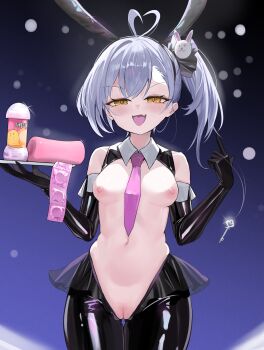 1girl :d absurdres animal_ears antenna_hair artificial_vagina azur_lane black_gloves black_pantyhose blue_background chinese_commentary cleft_of_venus commentary_request condom condom_packet_strip condom_wrapper cowboy_shot crotchless crotchless_pantyhose detached_collar elbow_gloves fake_animal_ears fang gloves grey_hair hair_ornament half-closed_eyes heart_antenna_hair highres holding holding_tray latex latex_gloves latex_pantyhose looking_at_viewer lube medium_hair navel necktie nipples oceana_(azur_lane) open_mouth pantyhose pink_necktie pointing pointing_at_self pussy rabbit_ears rabbit_hair_ornament reverse_bunnysuit reverse_outfit sex_toy side_ponytail siren_(azur_lane) skin_fang smile tray uncensored variant_set xiuluoniqia yellow_eyes