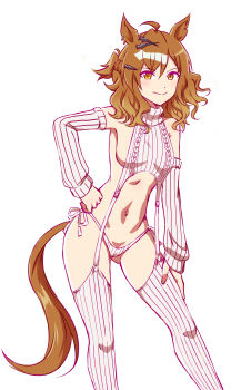 1girl absurdres alternate_costume animal_ears bare_shoulders blush box_wonderland braid breasts brown_eyes brown_hair closed_mouth commentary detached_sleeves garter_straps half_up_braid half_updo hand_on_own_hip hand_on_own_thigh highres horse_ears horse_girl horse_tail jungle_pocket_(umamusume) looking_at_viewer navel panties sideboob smile solo stomach sweater tail thighhighs turtleneck turtleneck_sweater umamusume underwear virgin_destroyer_sweater white_garter_straps white_panties white_sweater white_thighhighs