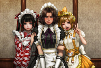 apron black_hair blonde_hair blunt_bangs blush brown_eyes brown_hair daqiao_(shin_sangoku_musou) frilled_apron frills furrowed_brow green_eyes grimace high_collar japanese_clothes kimono lips lipstick maid maid_apron maid_headdress makeup mitsuya musou_orochi official_alternate_costume one_eye_closed parted_bangs parted_lips sengoku_musou shin_sangoku_musou smile sweatdrop tachibana_ginchiyo wink xiao_qiao_(shin_sangoku_musou)