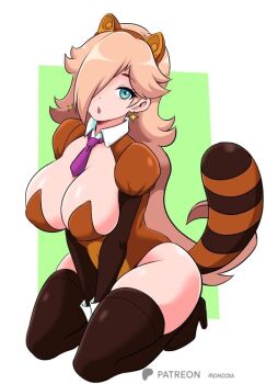 1girl animal_costume animal_ears blonde_hair blue_eyes breasts brown_gloves brown_leotard brown_shoes brown_thighhighs cleavage earrings fake_animal_ears gloves green_background hair_over_one_eye high_heels jewelry large_breasts leotard long_hair looking_at_viewer mario_(series) momocka-art necktie nintendo open_mouth puffy_sleeves purple_necktie raccoon_costume raccoon_ears raccoon_girl raccoon_tail rosalina shoes short_sleeves sitting star_(symbol) star_earrings super_mario_3d_world super_mario_galaxy tail tanooki_rosalina tanooki_suit thick_thighs thighhighs thighs wrist_cuffs