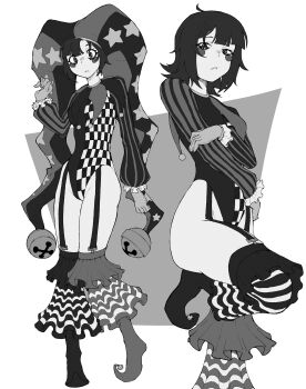 Rule 34 | 1girl, absurdres, alternate costume, asymmetrical gloves, checkered clothes, commentary, detached eyes, gloves, hat, hat bell, highres, jester, jester cap, jester costume, kekel, mismatched gloves, multicolored eyes, multicolored hat, pomni (the amazing digital circus), puffy sleeves, short hair, short sleeves, solo, star (symbol), star print, striped clothes, striped headwear, suspenders, the amazing digital circus, two-tone eyes, vertical-striped clothes, vertical-striped headwear