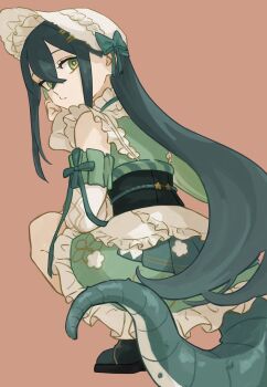 1girl apron bare_shoulders black_corset bonnet boots clenched_hand closed_mouth collar colored_inner_hair commentary corset crossed_bangs detached_sleeves floral_print floral_print_kimono flower-shaped_pupils frilled_bonnet frilled_collar frilled_skirt frills from_behind full_body green_boots green_eyes green_hair green_kimono green_ribbon green_tail hair_ornament hair_ribbon hairpin hand_on_own_cheek hand_on_own_face highres japanese_clothes kimono kimono_skirt lizard_tail long_hair long_sleeves looking_at_viewer looking_back maid_apron multicolored_hair neck_ribbon nijisanji obiage obijime orange_background print_kimono ribbon simple_background skirt solo squatting symbol-only_commentary symbol-shaped_pupils tail tail_under_clothes togawa_nonoha tomura_kino virtual_youtuber waist_apron white_bonnet white_sleeves
