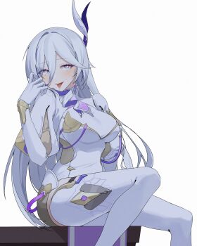 1girl absurdres blue_eyes commentary_request grey_hair highres honkai_(series) honkai_impact_3rd horns looking_at_viewer misteln_schariac saliva saliva_trail simple_background single_horn sitting smile tongue tongue_out youmiao_oxo