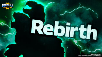 artist_request aura chibi claws copyright_name cross_promotion crossover electricity energy engi_(animation_studio) english_text gamera gamera_(series) gamera_-rebirth- giant giant_monster glowing godzilla_(series) godzilla_battle_line green_electricity highres kadokawa kaiju logo monster no_humans now_production official_art open_mouth promotional_art sea_monster sharp_teeth silhouette teeth toho toho_games turtle turtle_shell tusks