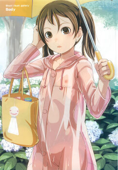 1girl bag blush brown_eyes brown_hair carrying cleft_of_venus coat covered_erect_nipples cowboy_shot female_focus flat_chest flower highres hydrangea loli looking_at_viewer naked_coat naked_raincoat nipples no_bra no_panties outdoors pussy rain raincoat see-through_clothes small_areolae small_nipples sody solo source_request standing twintails umbrella uncensored wet when_you_see_it
