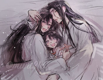 3boys :d adoptive_parent_and_adoptive_child aged_down alternate_costume alternate_hairstyle bathrobe bed_sheet black_hair blanket blush child chinese_clothes commentary_request couple family grey_eyes hair_down hand_on_another's_head hanfu holding holding_toy hug ktxxok lan_sizhui lan_sizhui_(young) lan_wangji leaf light_particles long_hair long_sleeves looking_at_viewer lying male_focus modao_zushi multiple_boys on_back on_bed on_side open_mouth parted_lips purple_eyes robe sketch sleeping smile toy twitter_username under_covers watermark wei_wuxian white_robe yaoi yellow_eyes