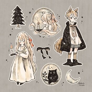 1boy 1girl animal_ears artist_name bird black_bow black_cape blonde_hair bow candle cape closed_eyes closed_mouth commentary_request crescent dot_mouth dot_nose grey_background grey_shorts hair_ribbon holding holding_candle long_hair looking_at_viewer multiple_views orange_ribbon original outline owl painting_(medium) ribbon shirt short_hair shorts signature simple_background standing star_(symbol) tail tookita_honoka traditional_media tree very_long_hair very_short_hair watercolor_(medium) white_outline white_shirt wolf_boy wolf_ears wolf_tail