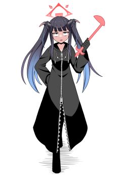 1girl absurdres alternate_costume black_boots black_coat black_hair blue_archive boots coat commentary_request commission demon_girl demon_horns full_body fuuka_(blue_archive) hair_between_eyes halo highres holding holding_ladle hood hooded_coat horns kingdom_hearts kingdom_hearts:_chain_of_memories ladle long_coat long_hair long_sleeves looking_at_viewer organization_xiii pixiv_commission red_halo sidelocks simple_background solo standing twintails washin white_background wide_sleeves zipper zipper_pull_tab
