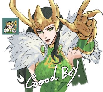 1girl armor black_hair cape commentary english_commentary english_text fake_horns fur-trimmed_cape fur_trim game_screenshot_inset gold_gloves green_armor green_cape green_eyes horned_headwear horns kurokawa_karasu lady_loki loki_(marvel) marvel marvel_rivals official_art_redraw parted_lips petting reaching reaching_towards_viewer red_lips scale_armor screenshot_inset sketch solo thor_(marvel)_(series) upper_body white_background
