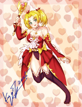 a-rank_party_wo_ridatsu_shita_ore_wa,_moto_oshiego-tachi_to_meikyuu_shinbu_wo_mezasu. a_rank_party_o_ridatsu_shita_ore_wa_moto_oshiego-tachi_to_meikyuu_shinbu_o_mezasu blonde_hair breasts choker freckles green_eyes hair_ornament jamie_(aparida) jamie_osen looking_at_viewer thighhighs twintails wand